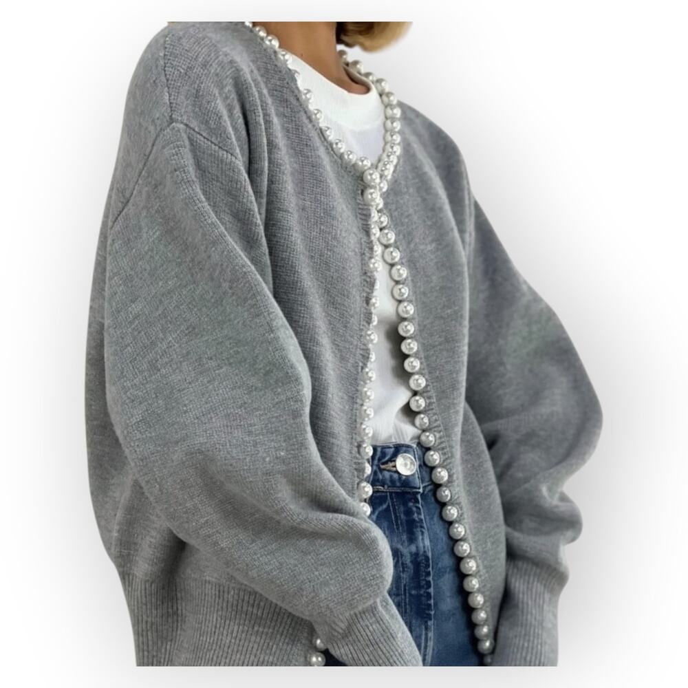 Commense Pearl Trim Cardigan Gray Knit Sweater NWT Size L - Modern Classic - Picture 3 of 7
